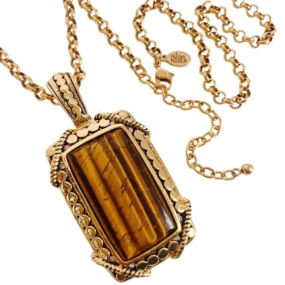 Signed Joan Rivers Tiger Eye Hinged Bail Pendant Gold Tone Necklace 33" Vintage - Picture 1 of 14